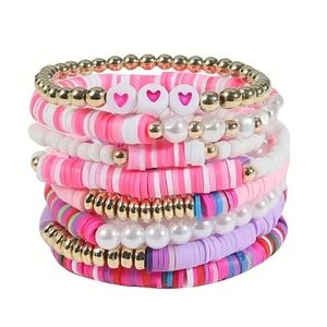 8-Pack Bohemian Cute Rainbow Color Bracelet Set with Heart Beads